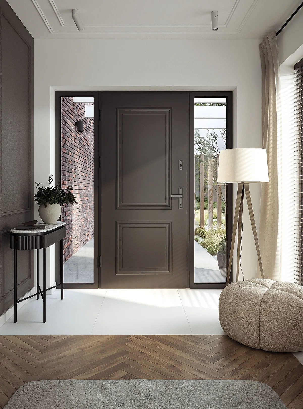 Ușă de exterior PORTA THERMO maro-închis, cu două lumini laterale, într-un hol luminos